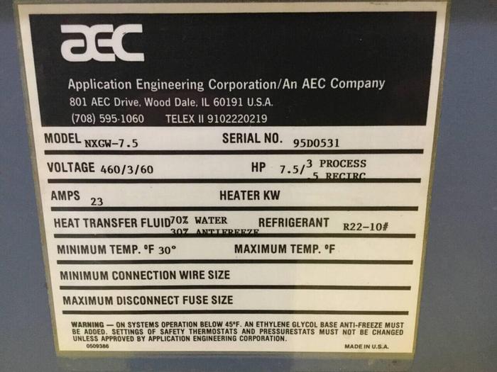 Used AEC NXGW-7.592171 Water Cooled Chiller 7.5 Ton USED