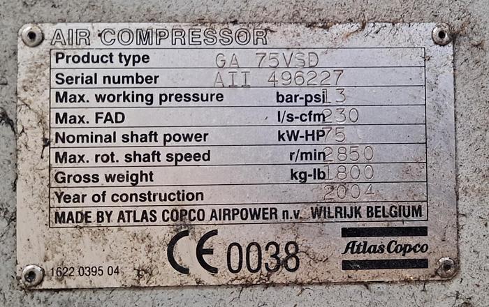 Used 2004 ATLAS COPCO GA75 VSD
