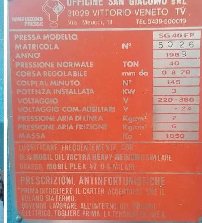 Usato PRESSA SANGIACOMO 40TON – NON CE