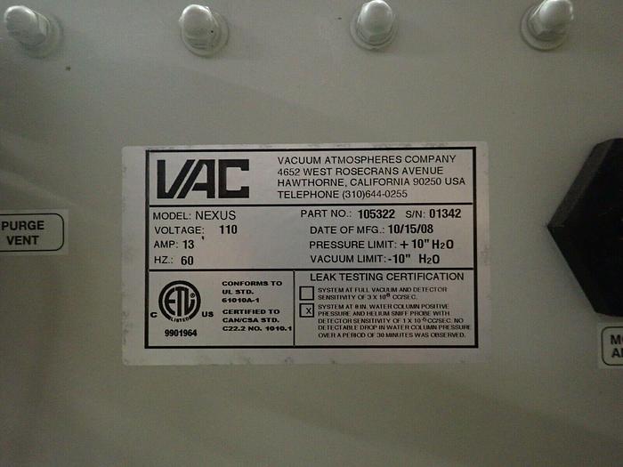 Used VAC Nexus Purifier Glove Box Vacuum Atmospheres GloveBox System