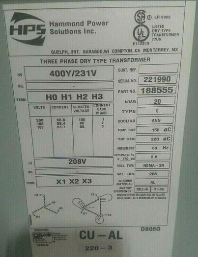 Used HPS Three Phase Dry Type Transformer HV 400Y/231V LV 208V