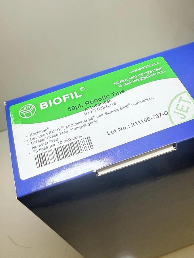 Used BIOFIL ATB-000-050 Robotic tips 50uL (10racks/box) 5 boxes/case - New Sealed