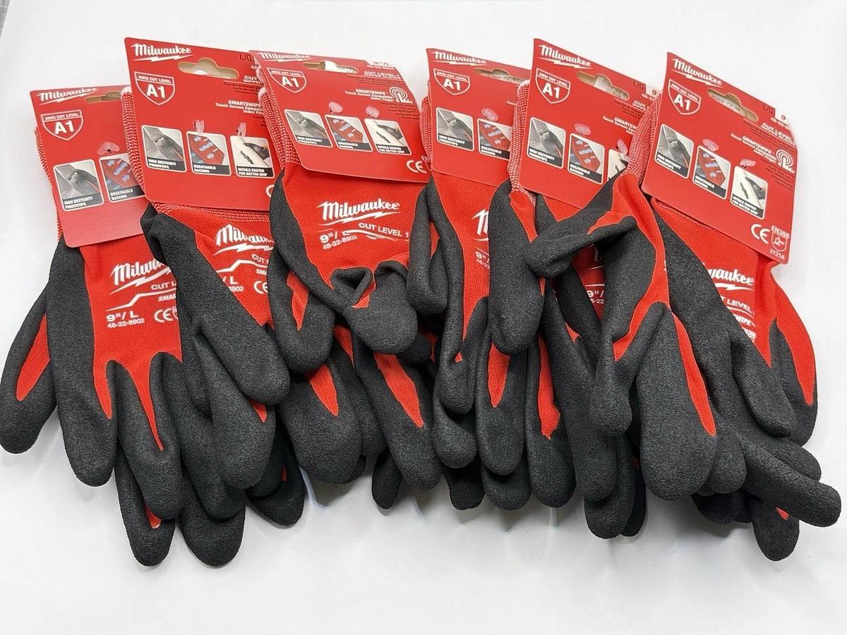 Used NEW 6 Pairs - Milwaukee 48-22-8902 Cut Level 1 Dipped Gloves, ANSI A1, Size: L