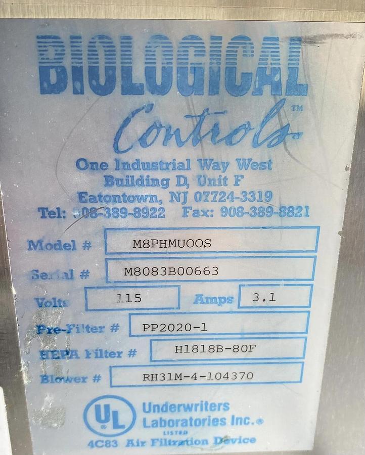 Used Biological Controls MicroCon MAP-800 Air Purification System HEPA M8PHMUOOS