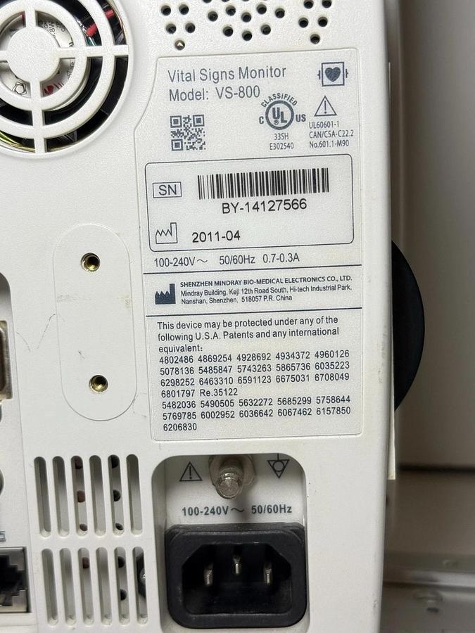 Used Mindray Vital Signs Monitor Model: VS-800 VS800