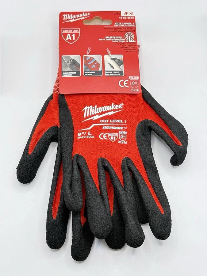Used NEW 6 Pairs - Milwaukee 48-22-8902 Cut Level 1 Dipped Gloves, ANSI A1, Size: L