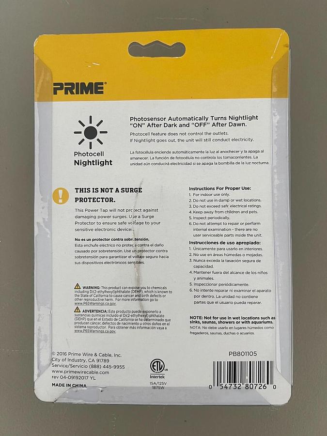 Used Prime PB801011 6 Outlet Power Tap, White