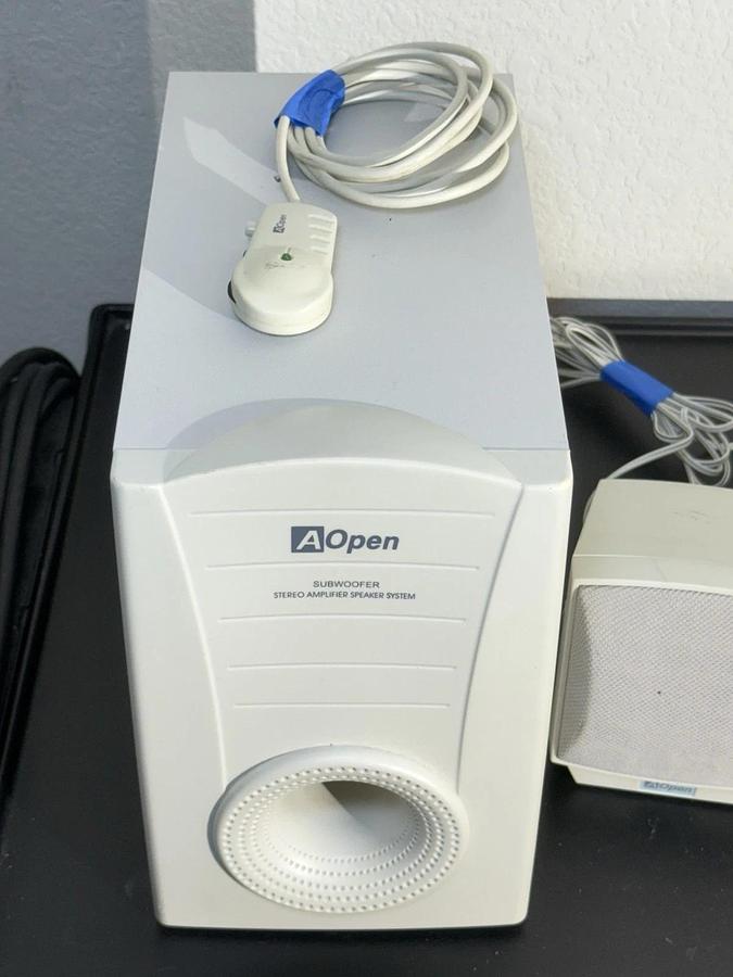 Used AOpen MS-810 Subwoofer W/ Left & Right Mini Speakers For Stereo Amplifier System