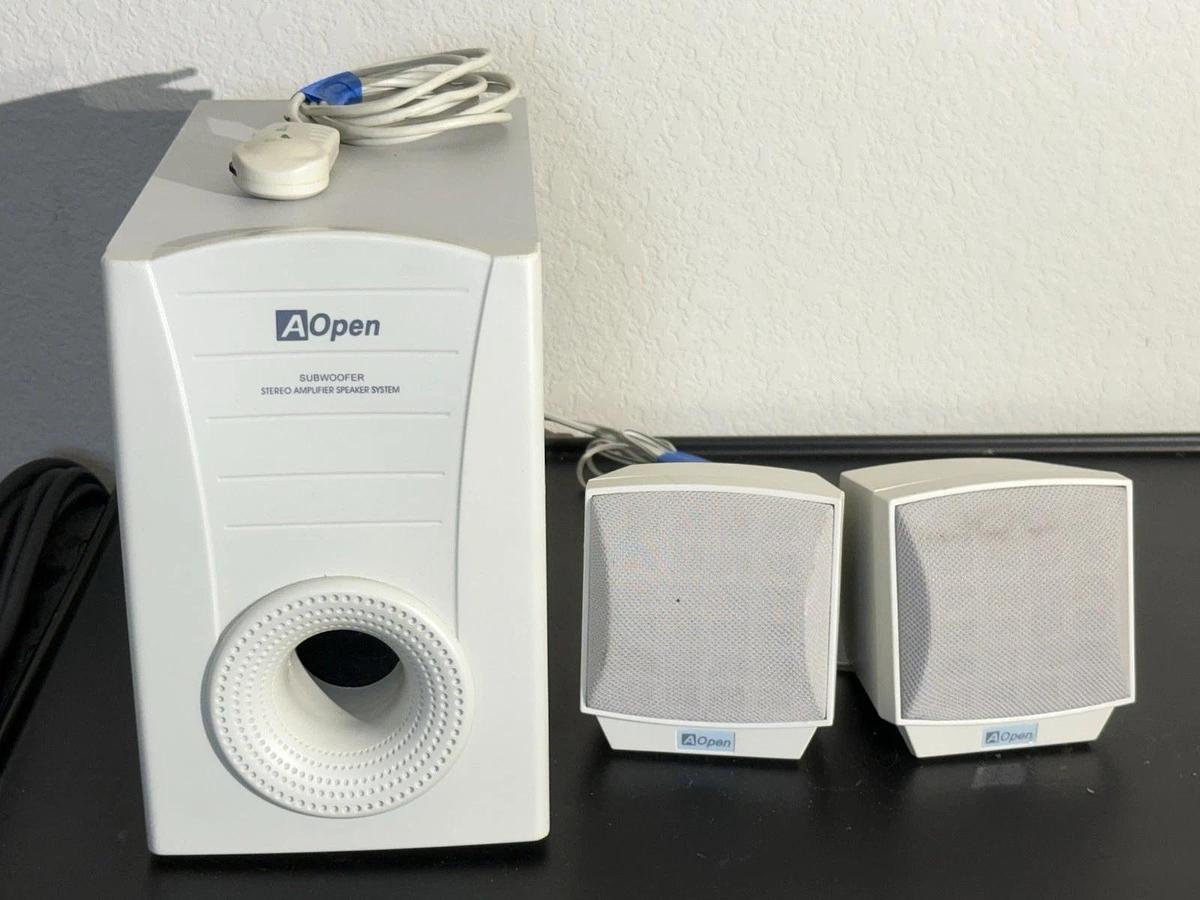 Used AOpen MS-810 Subwoofer W/ Left & Right Mini Speakers For Stereo Amplifier System