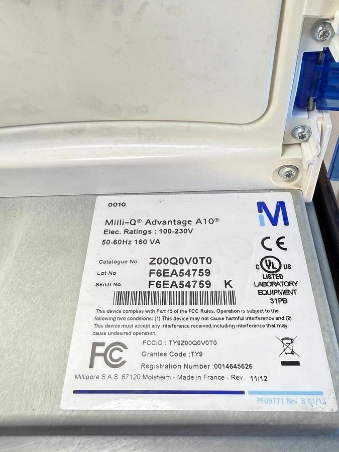 Used Millipore Milli-Q Advantage A10 Water Purification System Z00Q0V0T0 w/ Q-Pod