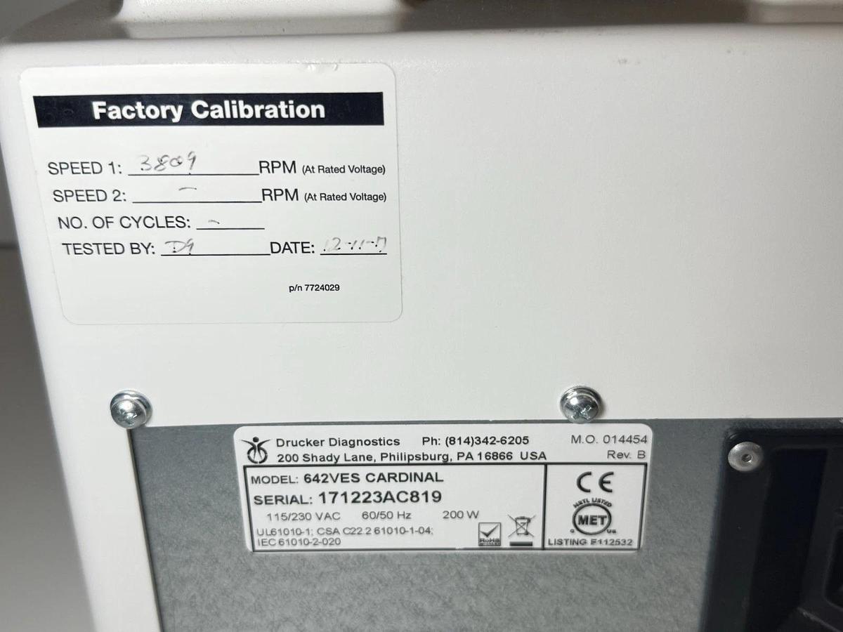 Used Drucker Diagnostics 642VES Cardinal Benchtop Centrifuge 6V