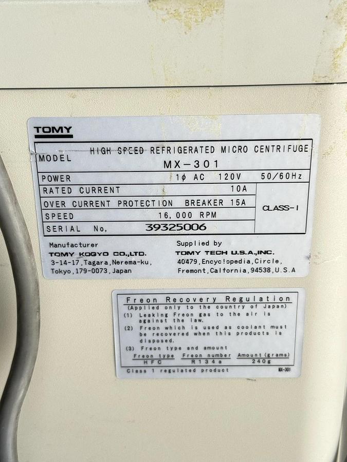 Used TOMY MX-301 High Speed Refrigerated Micro Centrifuge