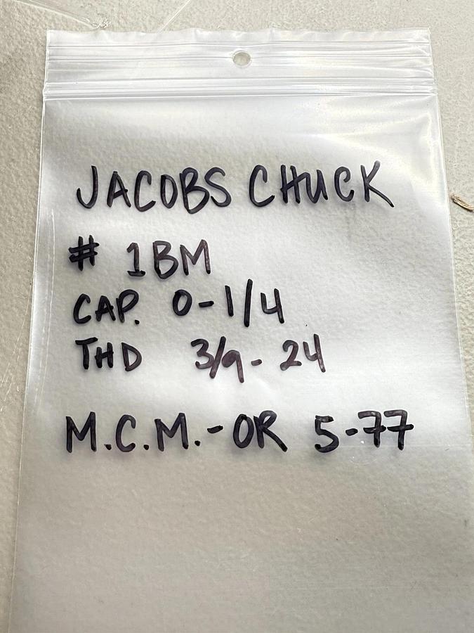 Used Jacobs chuck 1BM 0-1/4 3/9-24 M.C.M.-OR 5-77 extended shaft trinkle