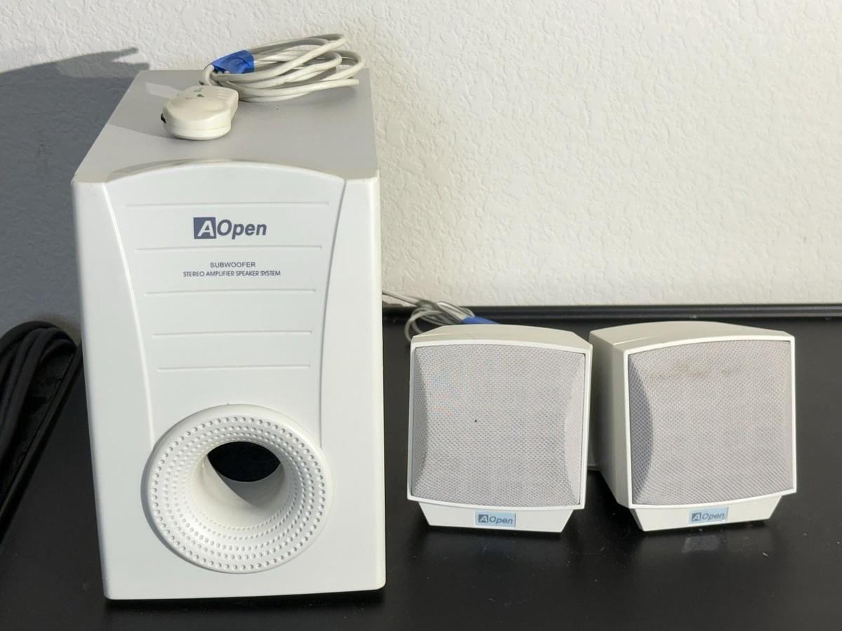 Used AOpen MS-810 Subwoofer W/ Left & Right Mini Speakers For Stereo Amplifier System