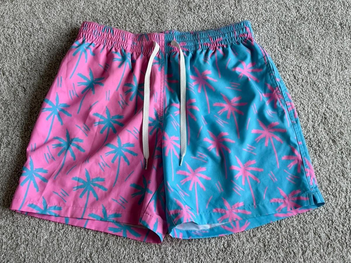 Used Chubbies Men's L blue and pink palm trees Swim Trunks - No Liner