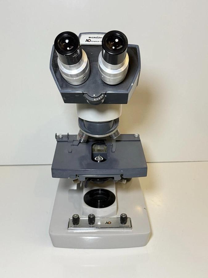 Used AO American Optical One Ten Microstar Lab Binocular Microscope w/ 4 Objectives