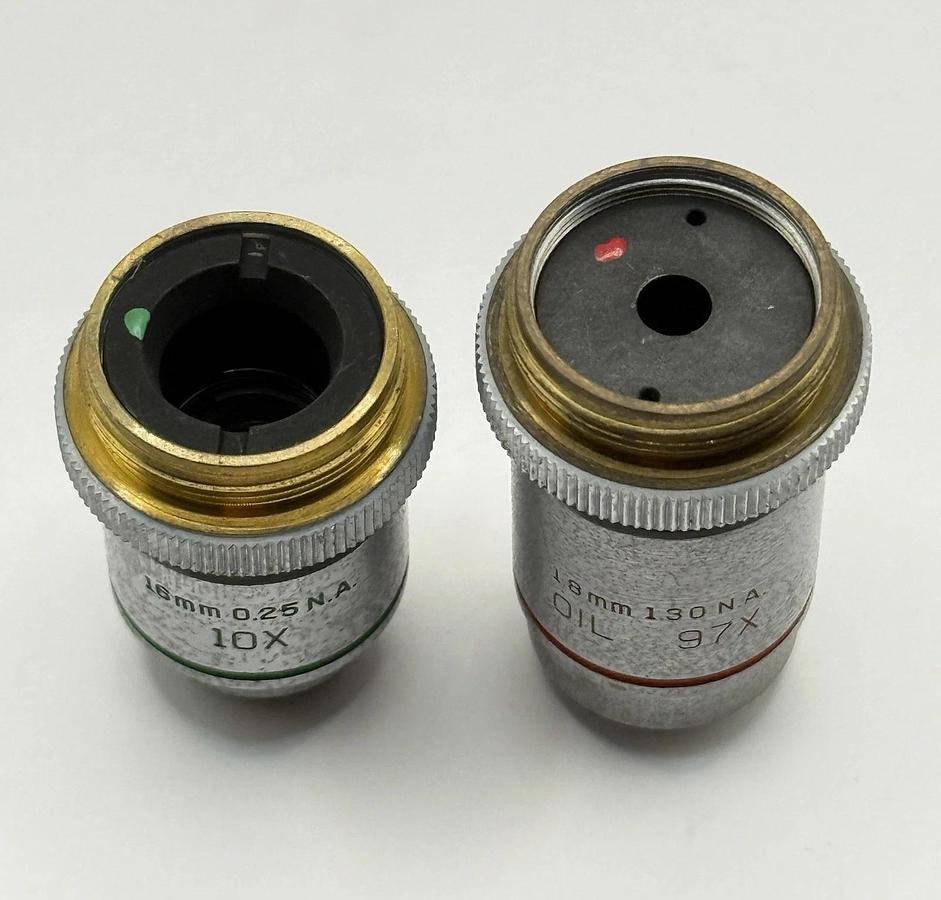 Used Lot 2 Bausch & Lomb Microscope Objectives - 10X & 97X OIL for Nikon Labophot 2