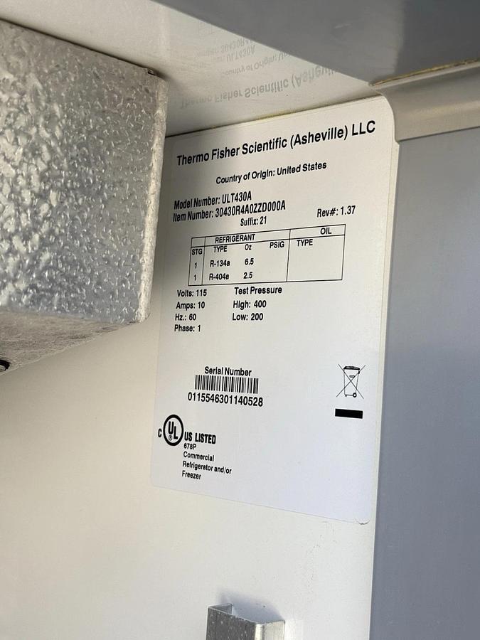 Used Thermo Scientific Revco ULT430A Ultra Low Temp Freezer – For Parts / Not Working