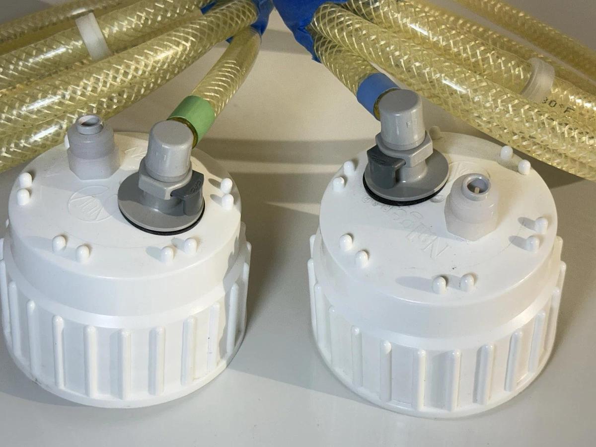 Used Nalgene 5.5 Gallon /20L Laboratory Large White Bottle Cap with tubing (Lot of 2)