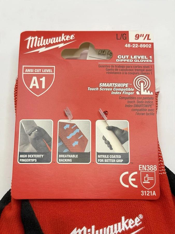 Used NEW 6 Pairs - Milwaukee 48-22-8902 Cut Level 1 Dipped Gloves, ANSI A1, Size: L