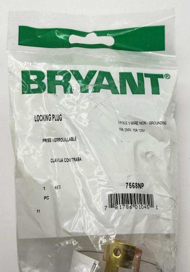 Used NEW Qty: 1  BRYANT Locking Plug 3 Pole 3 Wire Non-Grounding  Model: 7568NP