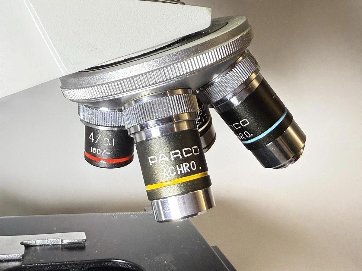 Used Parco Binocular Compound Microscope, W10x 18mm Eyepieces + 4 Objectives ARCHO