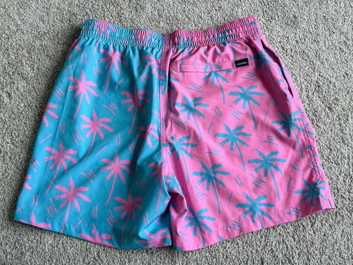 Used Chubbies Men's L blue and pink palm trees Swim Trunks - No Liner