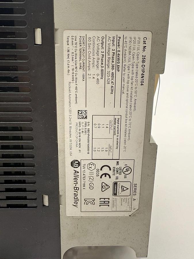 Used Allen Bradley AB PowerFlex 525 AC Drive (Cat no: 25B-D1P4N104)