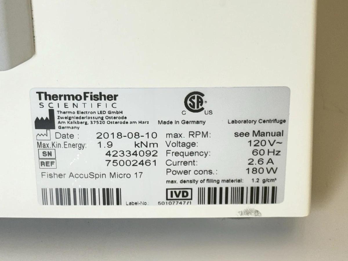 Used Thermo Scientific AccuSpin Micro 17 Centrifuge 75002461 & 24 Position Rotor