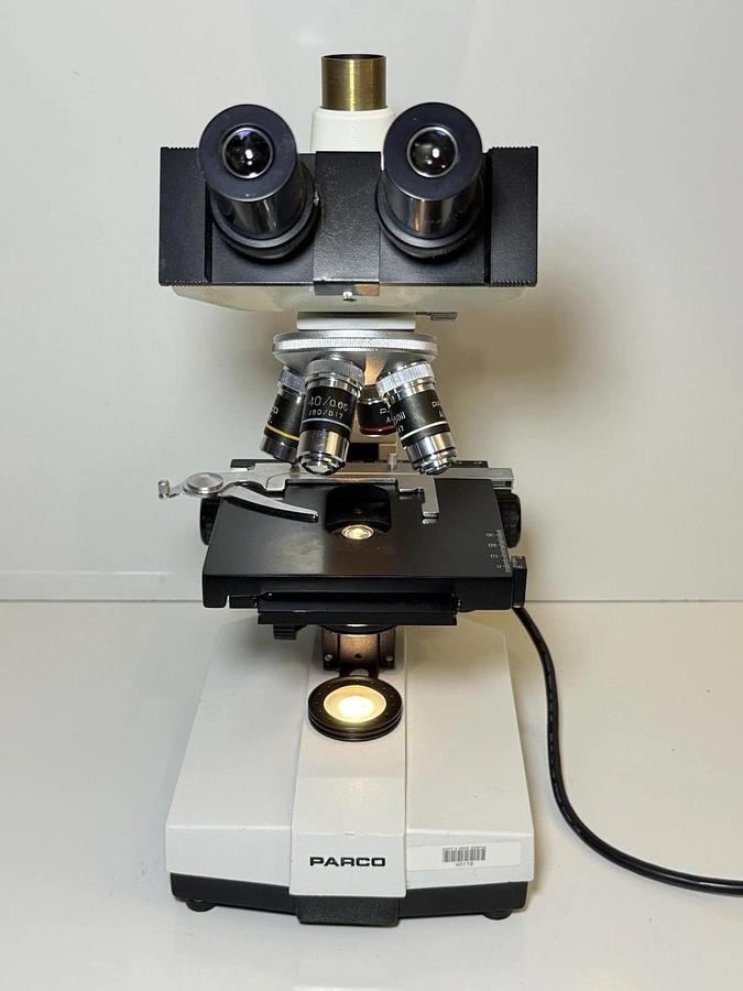 Used Parco Binocular Compound Microscope, W10x 18mm Eyepieces + 4 Objectives ARCHO