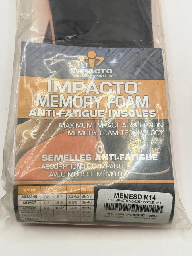 Used NEW Impacto Memory Foam Anti-Fatigue Insoles, Model: MEMESD M14, Men 14