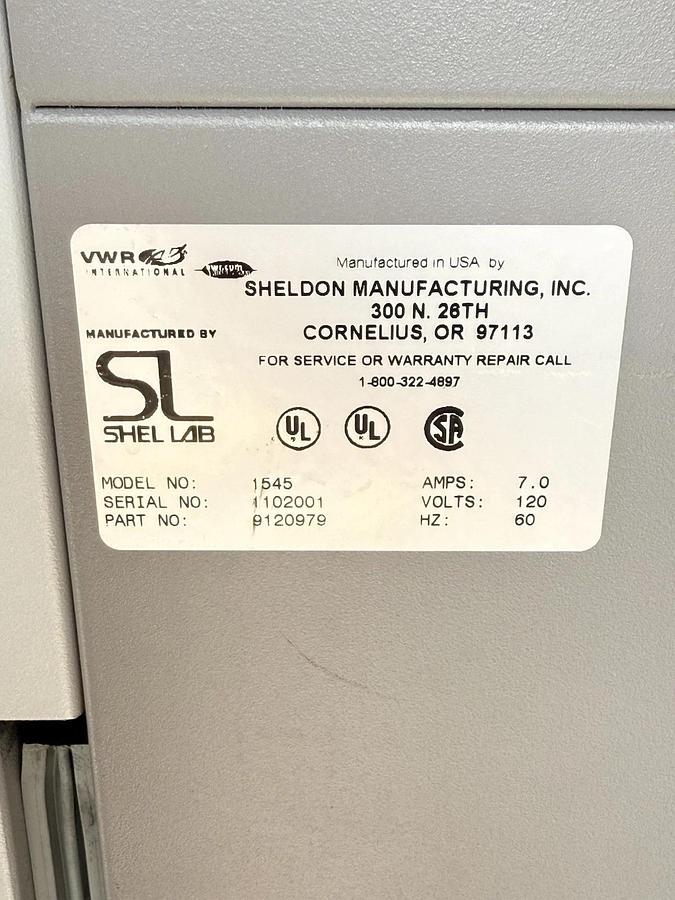 Used VWR Sheldon SHEL LAB Digital Laboratory Incubator Model: 1545