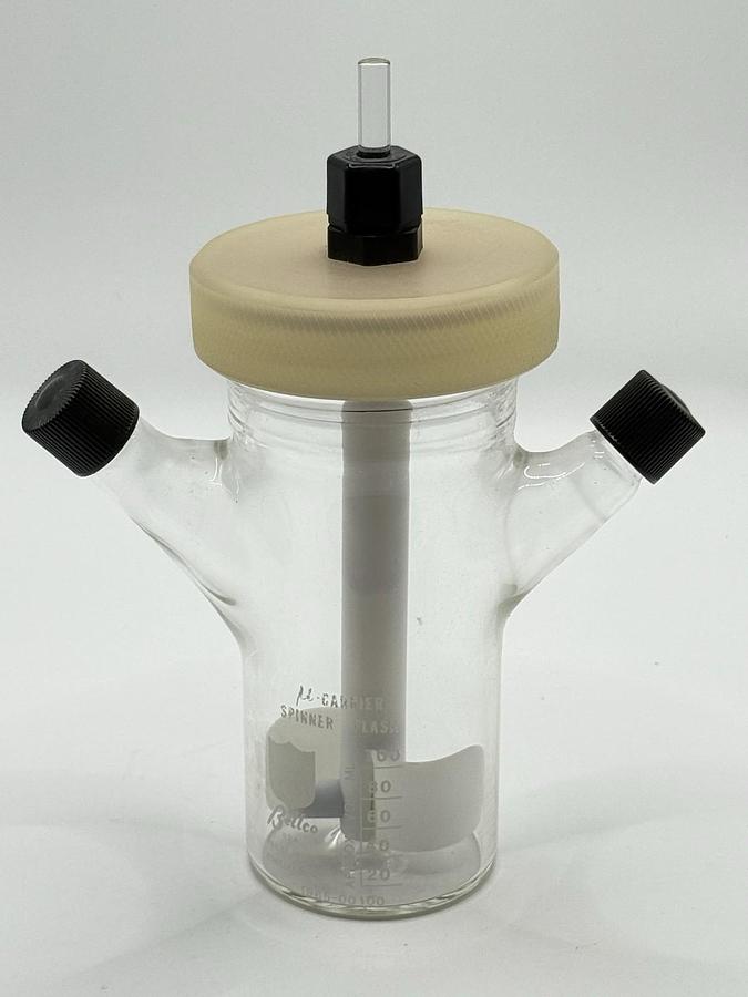 Used Bellco 100mL 3-Neck Pyrex Glass Spinner Flask with a magnetic spinner 1965-00100
