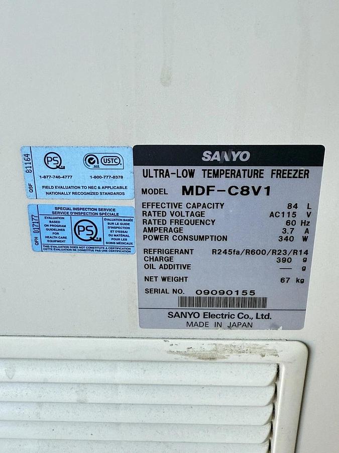 Used SANYO VIP Plus MDF-C8V1 Ultra Low Temperature Lab Laboratory Freezer -86ºC