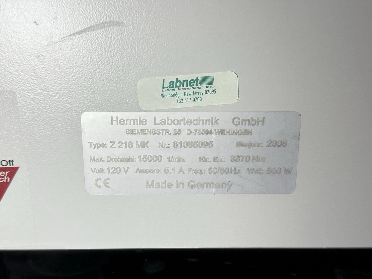 Used Hermle Labnet Z216 MK Refrigerated Centrifuge w/ Rotor