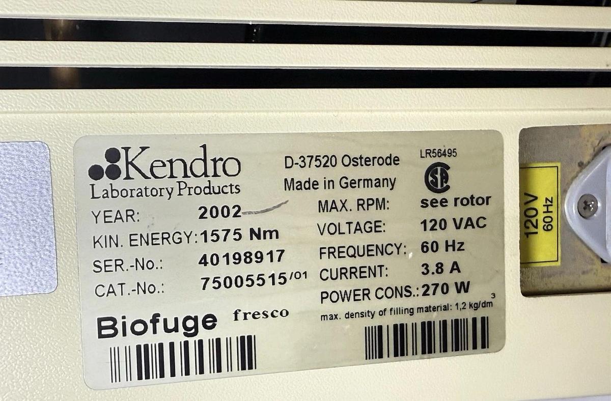 Used Heraeus Kendro Biofuge Fresco Centrifuge 75005515 (D-37520 Osterode) Year: 2002