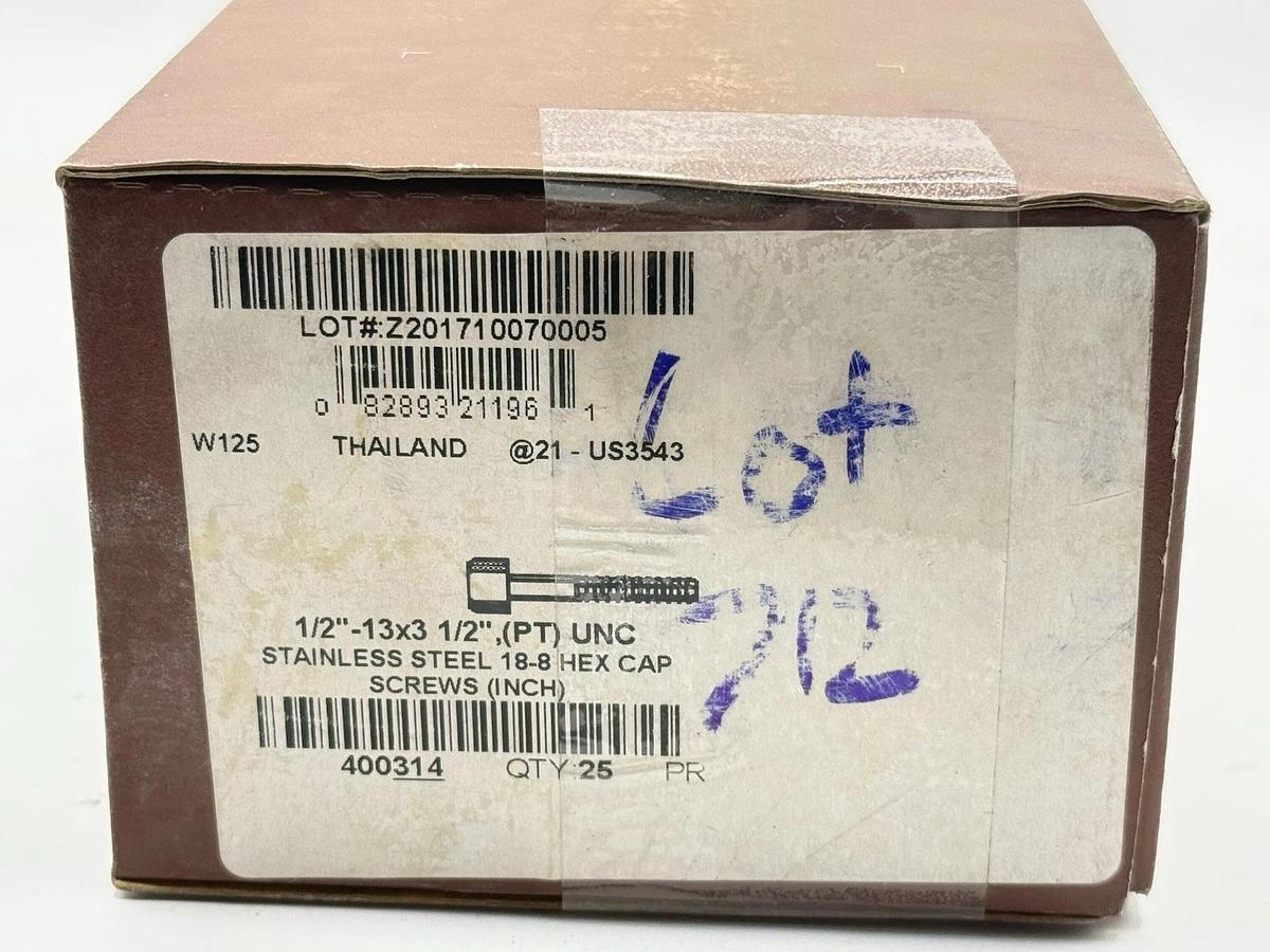 Used (Box of 25) Brighton 400314 Stainless Steel 18-8 Hex Cap Screws 1/2"-13x3 1/2"