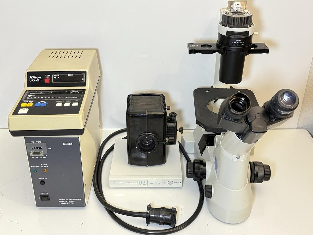 Used Nikon Eclipse TS100 Inverted Lab Microscope w/ Nikon UFX-II, Power Supply & Lamp