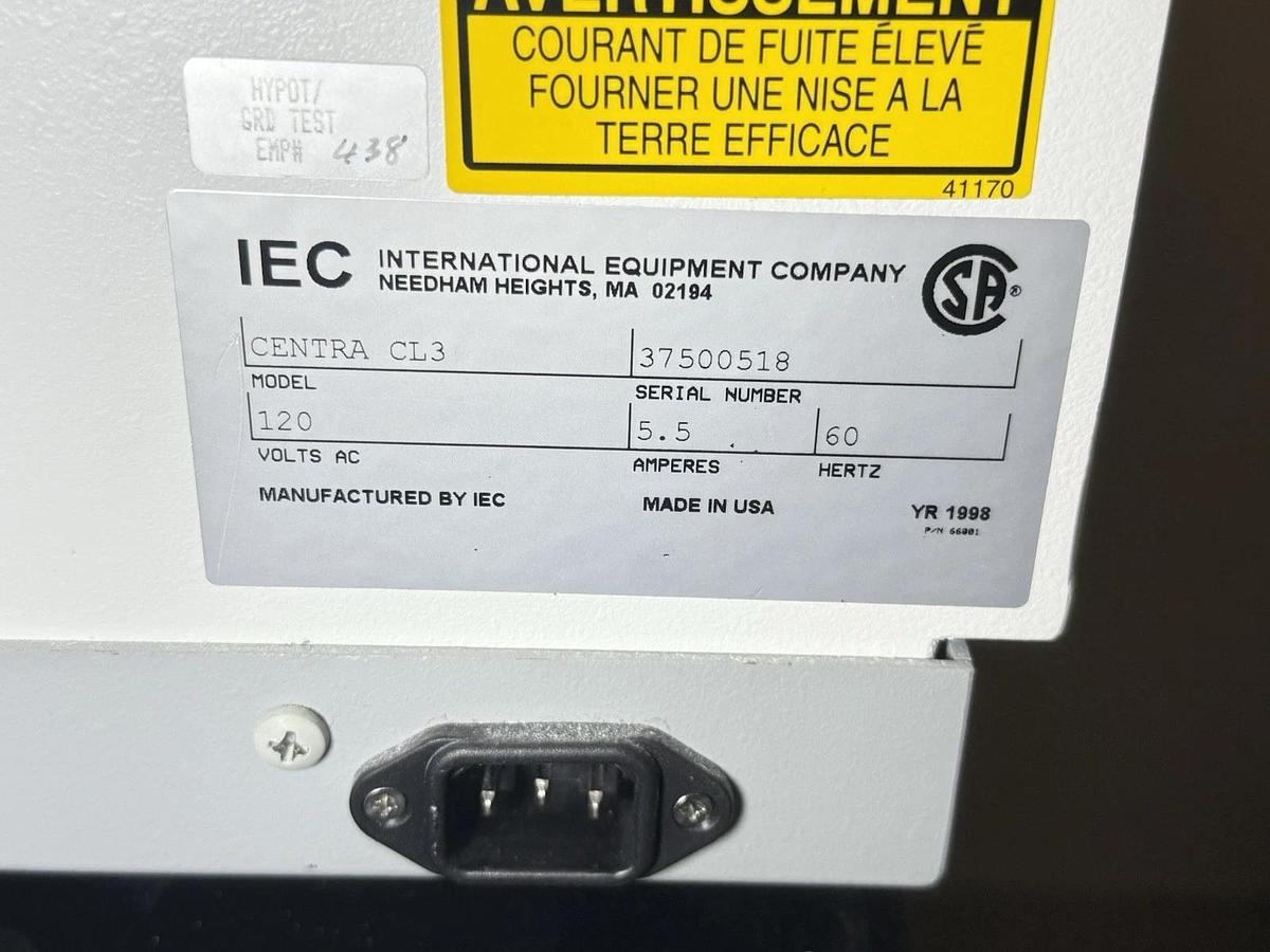 Used IEC Centra CL3 Centrifuge w/ Rotor #243 & Swing buckets