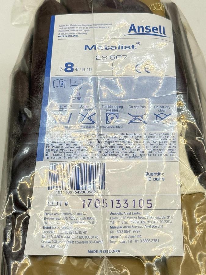 Used NEW 12 pairs - Ansell Metalist 28-507 Cut-Resistant Work Nitrile Coated Gloves 8