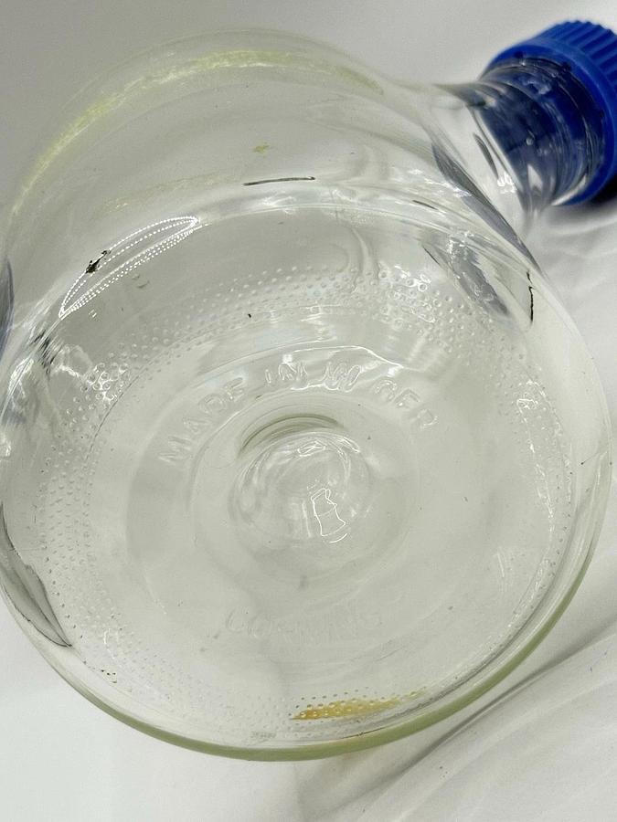 Used Corning Reuseable Large Glass Flask 1000ml w/ Dual Inlets with Schott caps