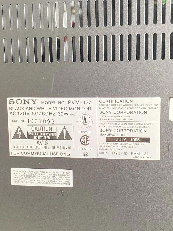 Used Sony PVM-137 Black and White Video Monitor - Retro Monitor Screen 1995
