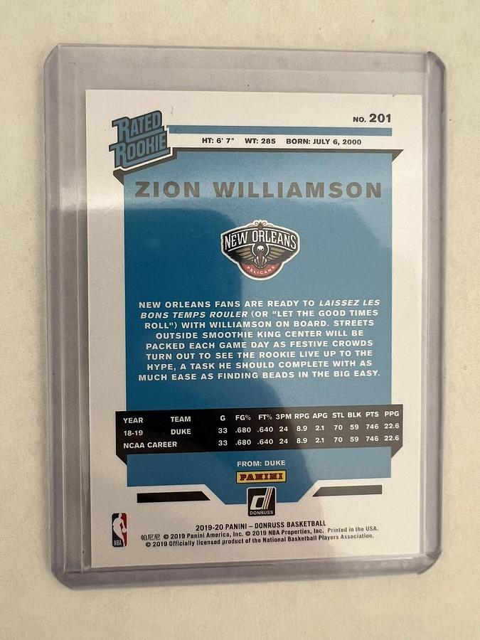 Used 2019-20 Panini Donruss - Rookie #201 Zion Williamson (RC)