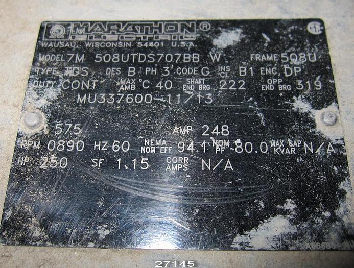 Used Marathon 7M508UTDS707BBW Motor 250 Hp, 890 Rpm, 575 V, S.F. 1.15, Frame 508U #27145