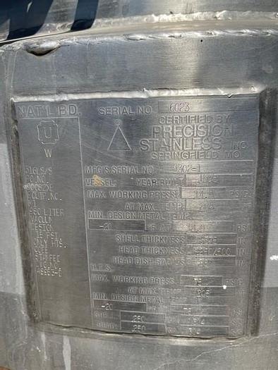 Used 250 Gallon Type 316 S/S Precision Stainless Vertical Jacketed Pressure Tank