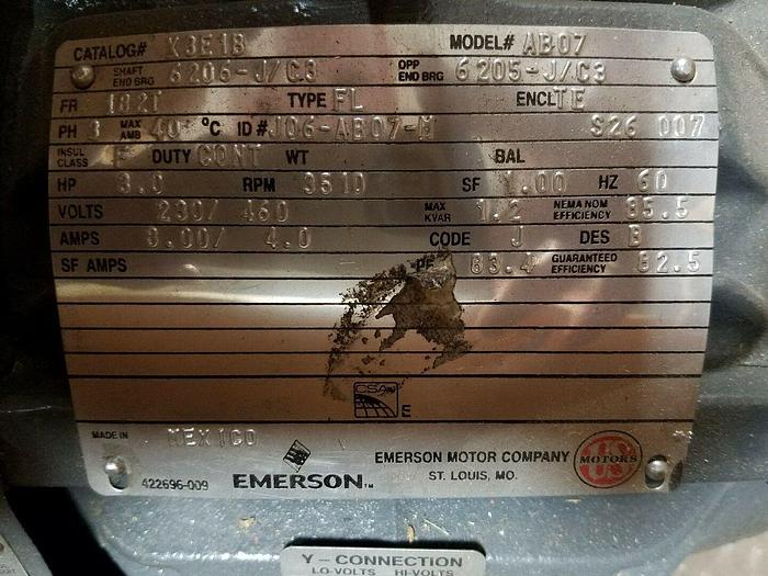 Emerson 3hp Elec Motor X3E1B 3510 rpm 230/460v Type FL Mod# AB07 X3E1B