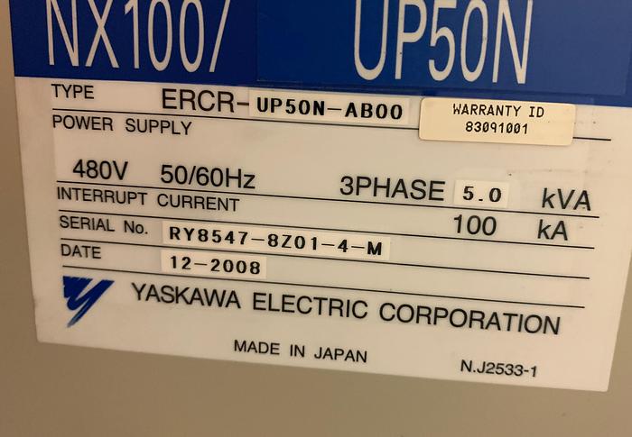 Used MOTOMAN UP50N (HP50) 50KG X 2046MM REACH 6 AXIS CNC ROBOT WITH NX100 CONTROL