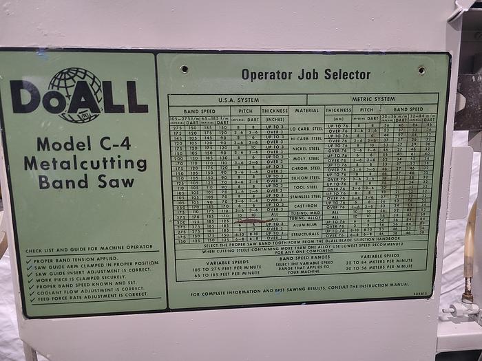 Used DoAll Model C-4 Metal Cutting Bandsaw