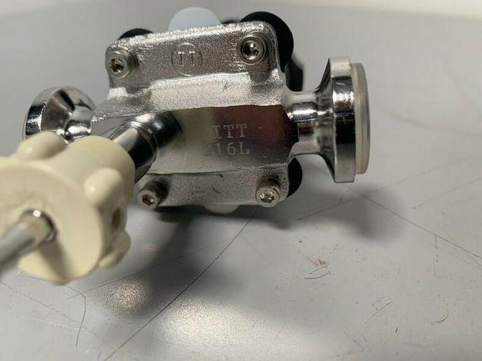 Used ITT Pure-Flo Stainless Steel Diaphragm Valve w/ 1/2" Sanitary Fit & Sample Valve