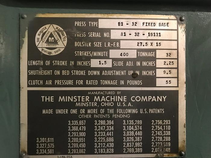 Used 32 Ton, MINSTER, No. B1-32, ADJUSTABLE STROKE HIGH SPEED PRESS